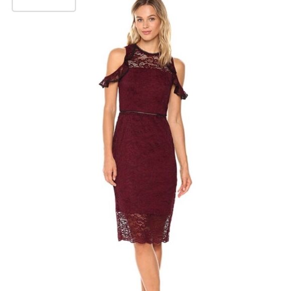 Bebe Lace Cold Shoulder Midi Ruffle Dress Modern Event Party Special Occasion - Picture 1 of 13
